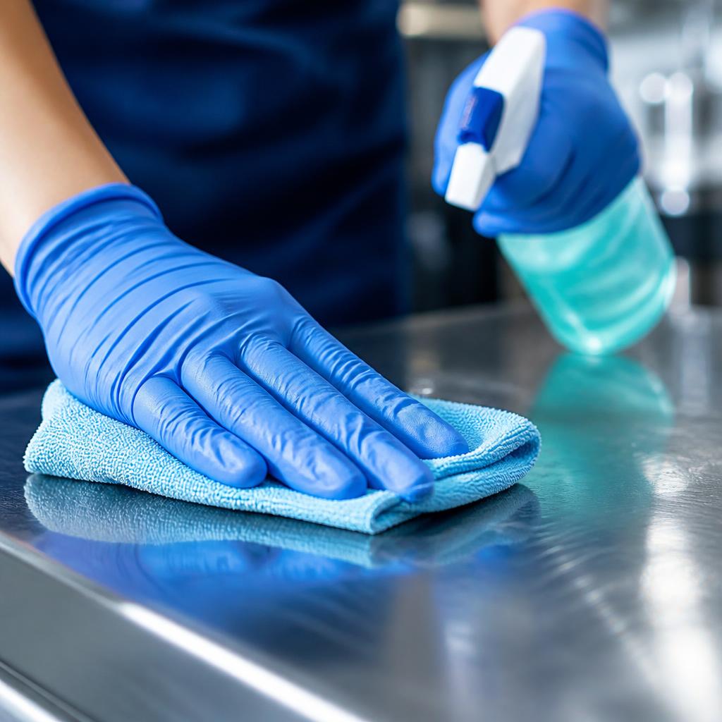 Manos con guantes aplicando alcohol medicinal
